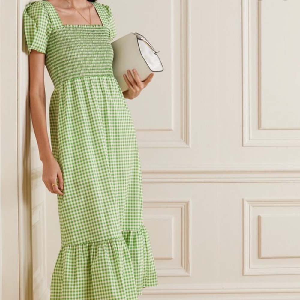 HVN
Shirred Gingham Cotton-Blend Poplin Maxi Dress size 10